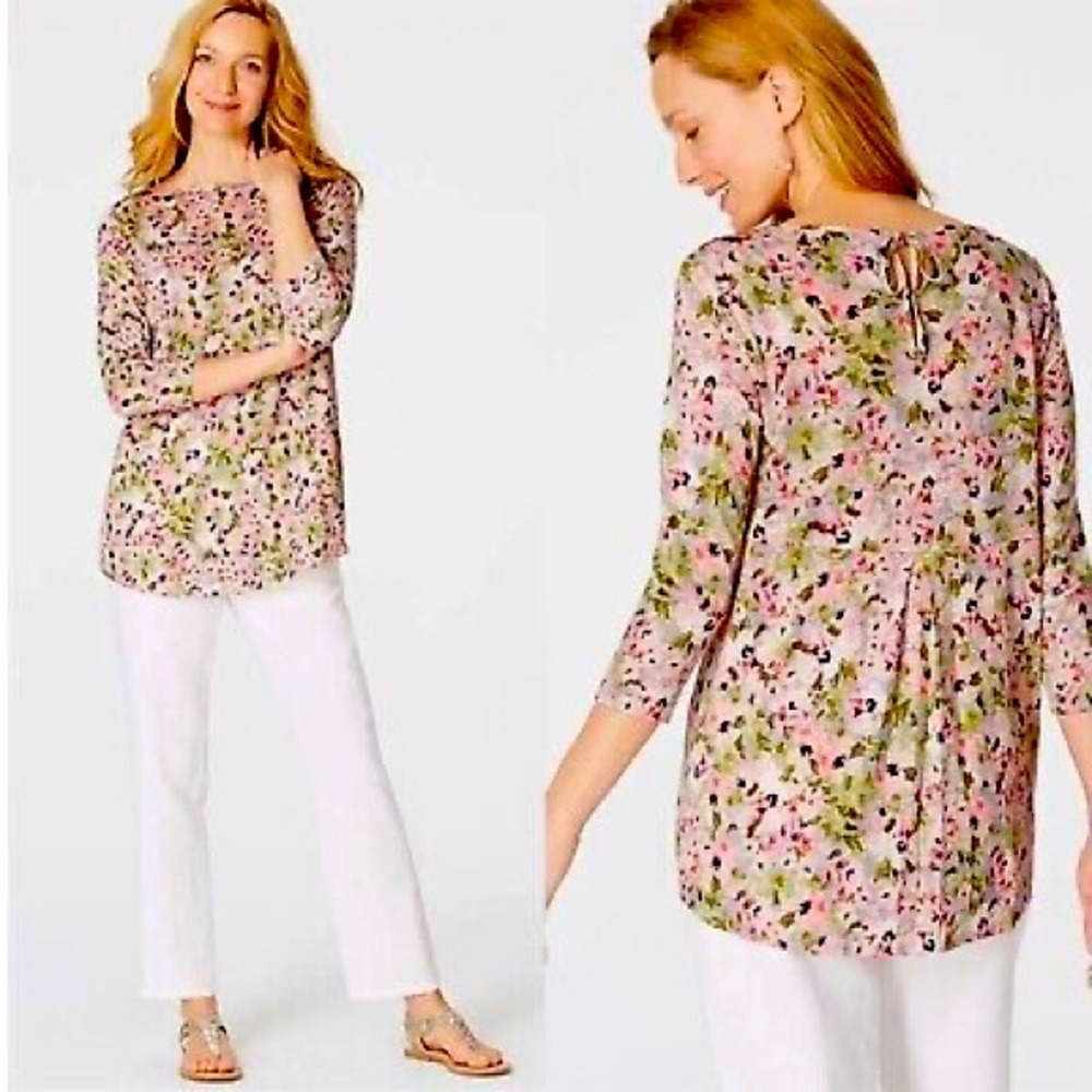 J. Jill 100% Linen Romantic Floral 3/4 Sleeve Tie Back Tunic Length Blouse XS